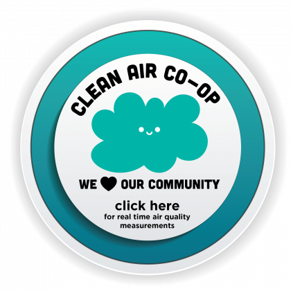image that reads: "Clean air co-op, We love our community. Click here to view the co-op's air quality index"