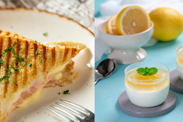 diptych of grilled sandwich and lemon dessert