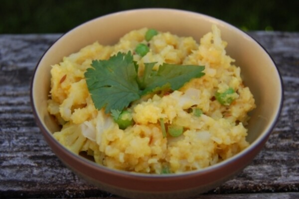 mung dal with rice cauliflower in a bowl